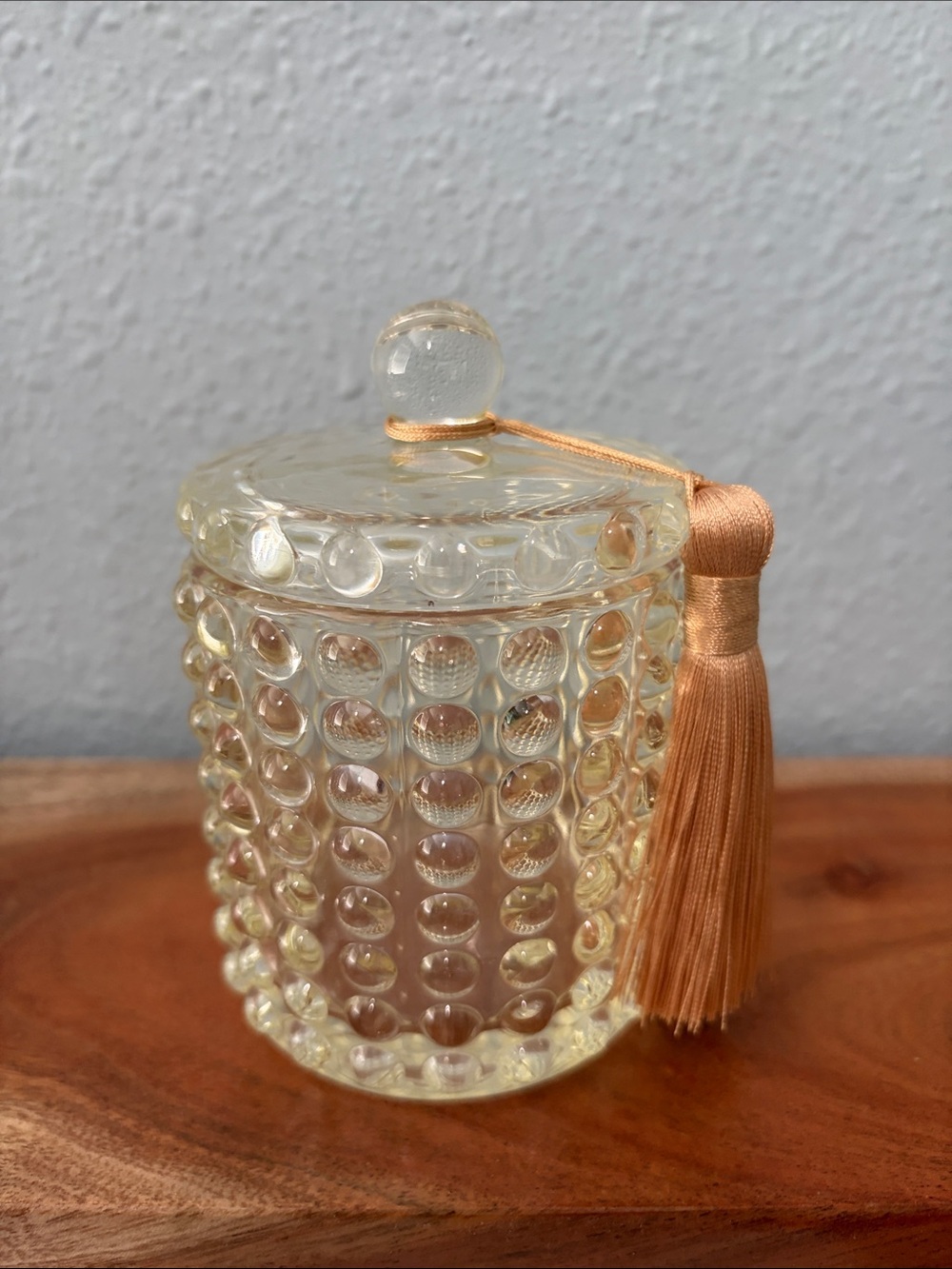 Clear Hobnail Glass Jar with Peach Tassel Lid